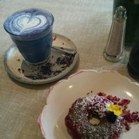 vegan donut and butterfly matcha at Farm Girl Cafe in West London