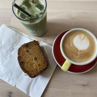 Iced Oat Milk Matcha Latte, Oat Milk Cappuccino and a slice of Carrot Cake!  at Leaves House | in Montreal