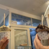 (Left) vegan pistachio and (right) vegan dark chocolate   at Massimo Gelato - De Pijp in Amsterdam