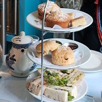 Vegan afternoon tea with blueberry and coconut muffin at The Willow Tea Rooms in Glasgow