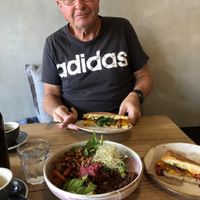 Nourish bowl and pumpkin focaccia to share! Delicious!  at Fitz Cafe in Wagga Wagga