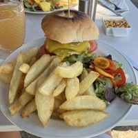 Double cheeseburger and chips  at No 18 Cafe in Swansea