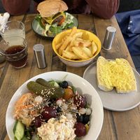 Double cheese burger, fries, green salad, cheesy garlic bread.   at No 18 Cafe in Swansea