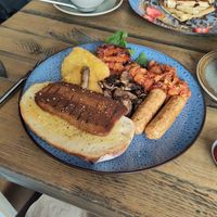 All what you crave from an english breakfast. Beans, bacon, sausages, mushrooms etc. at No 18 Cafe in Swansea