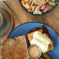 Fully loaded breakfast with toast on side i stead of bagel and Panco tofu bowl at No 18 Cafe in Swansea