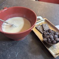 50-ish% (sweetest option) dark chocolate 8€ + oat milk 2€ (🙄)  at The Old Chocolate House in Bruges