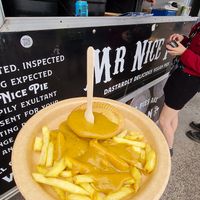 The empora pie with chips and curry sauce at Mr Nice Pie​ in Port Talbot