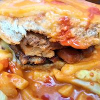 Vegan francesinha interior at Pecado Saudável in Porto