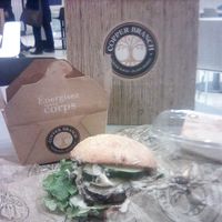 Portabello mushroom burger with poutine (in the box) and lime cheesecake at Copper Branch in Toronto