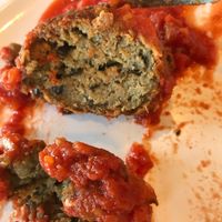 Eggplant meatball w red sauce  at Tiga's Artisan Pizzeria in Medford