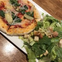 Mini Mia pizza with vegan cheese, roasted artichoke hearts and spinach. Caesar salad with red wine vinaigrette and no cheese. at SPIN Neapolitan Pizza in Richardson