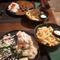 Our meals with fries & mayo. at Recollets in Antwerpen