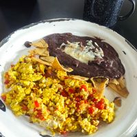 Scrambled Tofu with beans and totopos at Por Siempre Vegana Vol II in Mexico City