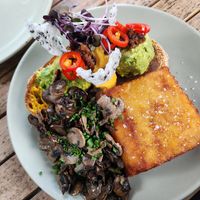 Avo Scramble with Mushroom, potato rosti at Pixie and the Hawk in Torrensville