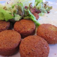 falafel with sesame herb dip accompanied by lettuce (vegan) at Mensacafe in Saarbrucken