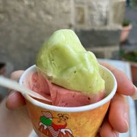 Lemon basil(top) strawberry (bottom)  at Alberto Gelateria in Corniglia