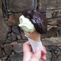dark chocolate, basil and lemon in vegan cone at Gelateria Corniglia in Corniglia