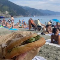 vegan sandwich (build your own) with focaccia and vegan pesto  at Lunch Box in Vernazza