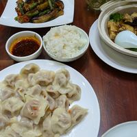Carrot & mushroom dumplings with chili oil, eggplant and beans, tofu and mushroom at Shangdao Vegetarian 上道素食 in Xian