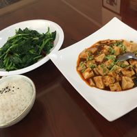 Rice, steamed greens with chilli and mapo tofu at Shangdao Vegetarian 上道素食 in Xian