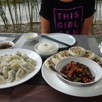 Jiao zi and pancakes with nut/veg filling. at Shangdao Vegetarian 上道素食 in Xian
