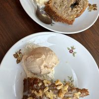 Banana bread and vanilla ice cream at the top, carrot cake and hazelnut ice cream on the bottom of the photo    at Bistro Arbol in Lanzarote