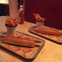 vegan hot dog and fries at Susie's Cafe Bar at The Other Place in Stratford-upon-avon