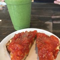 Tomato and hummus toast and green smoothie at Main Street Markets and Garden Cafe in Rockland