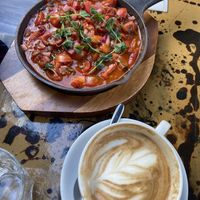 Vegan shakshouka & oat milk cappuccino   at Lemon Leaf in Kinsale