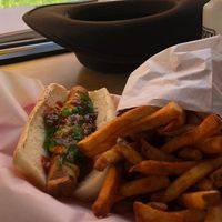 Veggie dog and fries  at Mustard's Last Stand in Boulder