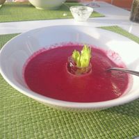 Purple (beetroot) cold soup (Gazpacho) at Past & Future in Fuerteventura