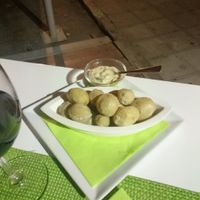 Dumplings and garlic sauce. at Past & Future in Fuerteventura