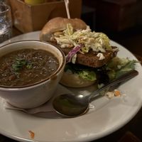 Last Unicorn fried tofu sandwich with lentil soup   at Oak  in Seattle