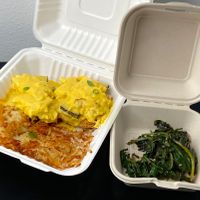 Acorn Benny w/Just Egg instead of Yo Egg (Israeli company that donates food to the IDF) + hashbrowns + kale (takeout) at Oak  in Seattle