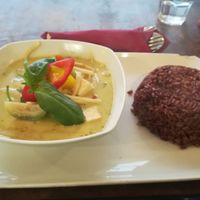 Green curry veggies with tofu and brown rice at OnThai in Ljubljana