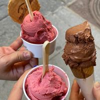 Helados veganos de: chocolate 70%, fresa, frambuesa y frutas del bosque. at Mama Elba in Madrid