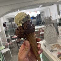Dark chocolate and pistachio vegan gelato in a vegan cone. ABSOLUTE BLISS! Creamiest vegan gelato I’ve ever had. 😋😋😋  at Sublime Sorbettino in Lisbon