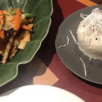 Coconut rice with a stir fry at Ummarin Thai in Randwick