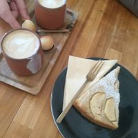 oat cappuccino + almond & apple pie at Vero Caffe in Bruges