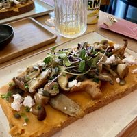 Vegan lunch special: pumpkin cream with different mushroom and vegan feta  at Vero Caffe in Bruges