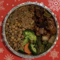 Pepper Chick’n w/Quinoa, Steamed Veggies, Okra and Chick Peas. at Veggie Castle in Jamaica