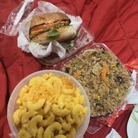 chicken sandwich, w their mac and cheese and quinoa   at Veggie Castle in Jamaica