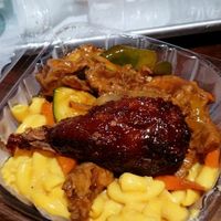 Ginger "chicken", BBQ "chicken", mac and "cheese" at Veggie Castle in Jamaica