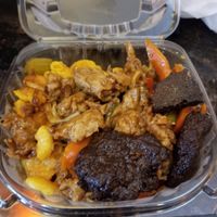 "Pepper" steak, ginger "chicken", mac and "cheese" at Veggie Castle in Jamaica