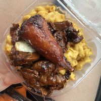 Small meal with Mac n cheese, ginger chicken, added bbq drumstick  at Veggie Castle in Jamaica