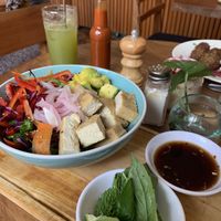 Really fresh and crispy salad and tasty tofu at Cafe Stepping Stone in Cartagena
