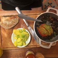 Frijoles with the egg substitutes for tomatoes at Cafe Stepping Stone in Cartagena