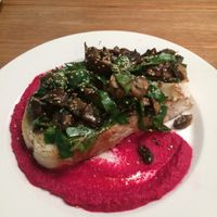 Mushrooms on bread with beetroot hummus at Cafe Stepping Stone in Cartagena
