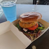 burger (89 DKK) and a blue lemonade (39 DKK) in July 2021 at The Organic Boho in Copenhagen