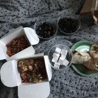 Wrap, cauliflower, sweet potato fries, olives, kale chips and feta at The Organic Boho in Copenhagen